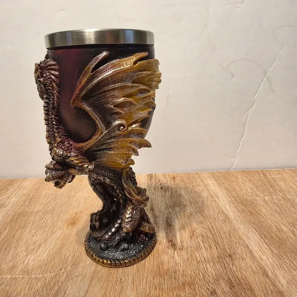 Medieval Dragon/Wyvern Wine Goblet Chalice stainless steel maroon and gold